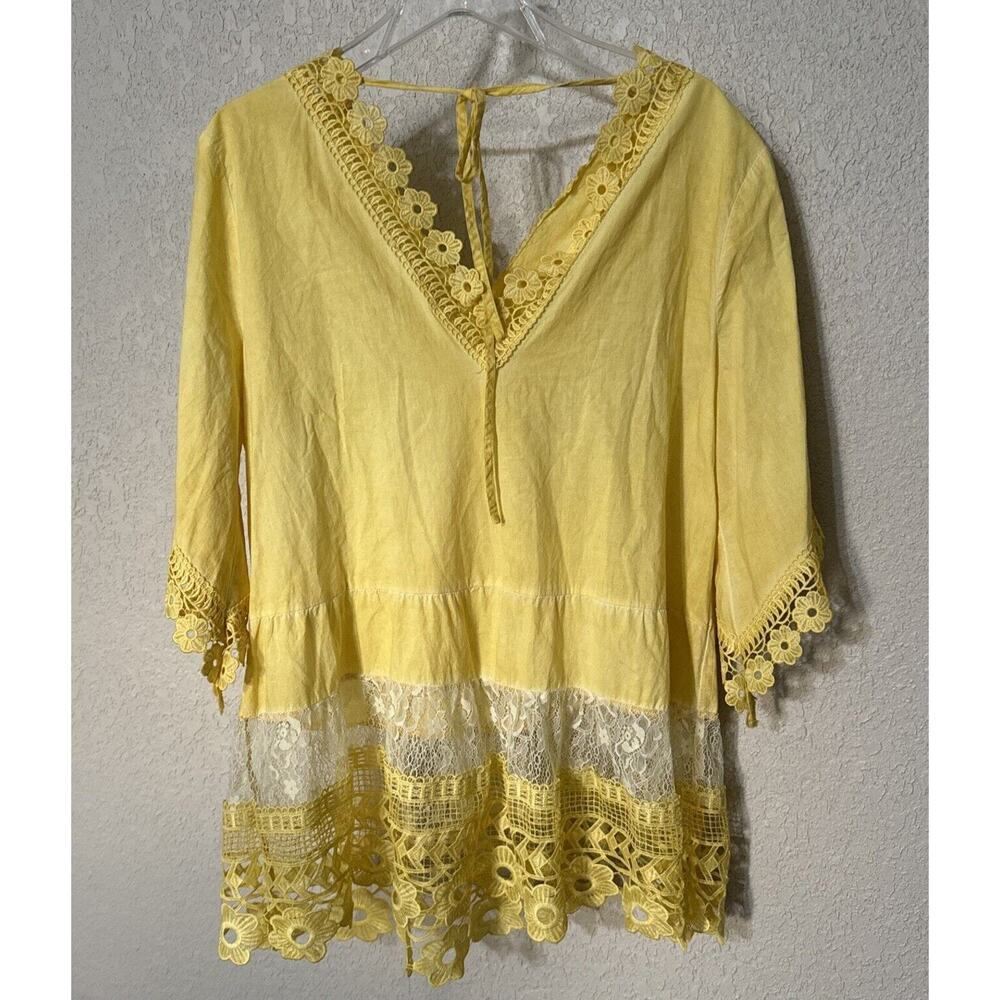 V-Neck Tunic Blouse Yellow Embroidered Crochet Trim Size L Indigo Thread Co. - Picture 3 of 12